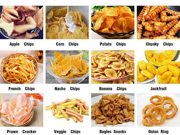Potato chips,  apple chips, corn chips, etc.