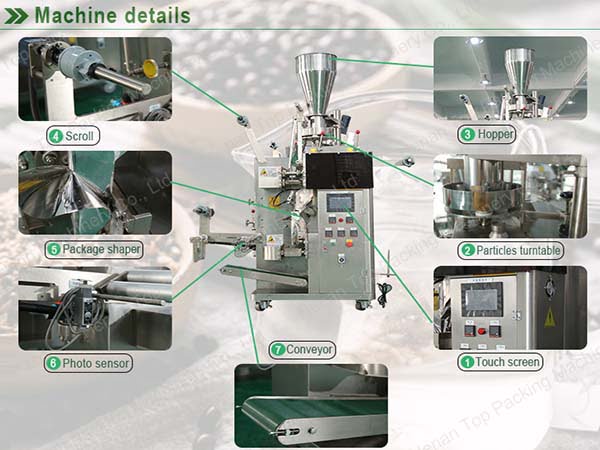 vital seven parts of tea packing machine: touch screen, particles turntable, hopper, scroll, package shaper, photosensor, and conveyor