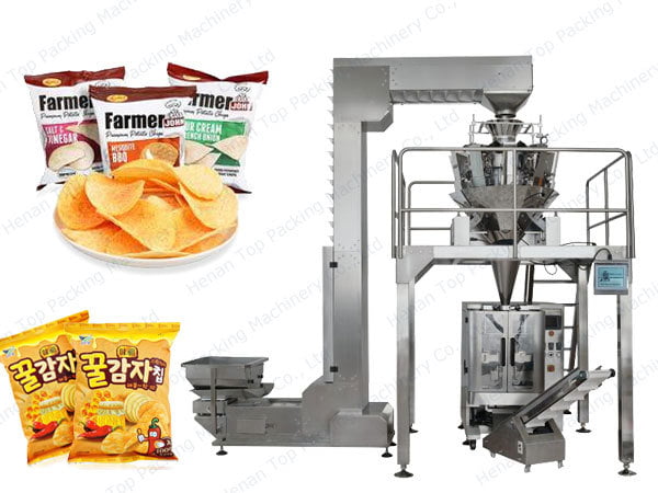 Máquina empacadora pesadora de cabezales múltiples utilizada para empacar chips.