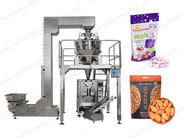 A combined snacks packing machine: multi-head scales and lapel machine.